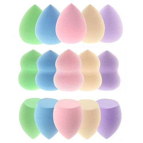 15-Pack Soft Makeup Sponges, Multi-Shape for Foundation | 3 shapes, 5 colors (pink, nude, purple, green, blue), works with liquid, cream & powder foundation and concealer - Image 1