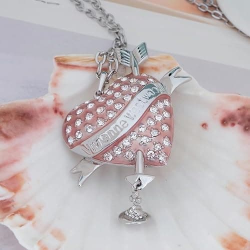 ZHAOZHAO Silver Pink Love Heart Necklaces of Saturn for Women - Punk Love Heart Crystal Quartz Saturn Pendant Necklace thumbnail 2