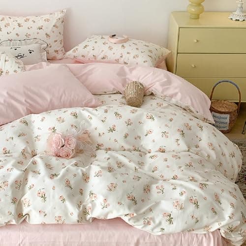 Erwinmu Floral Duvet Cover Set Twin Size,Pink Floral Flowers Bedding Duvet Cover with Zipper Closure,Reversible Comforter Duvet Cover and 1 Pillowcase - Image 1