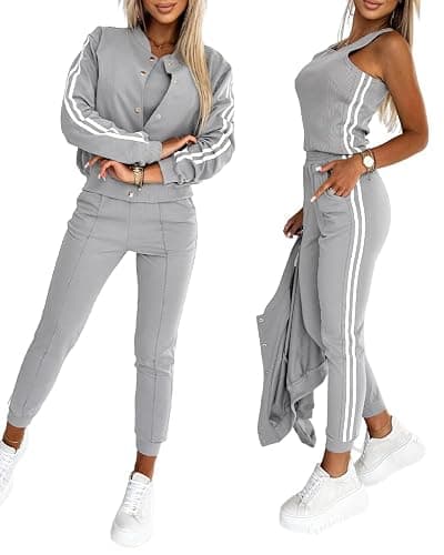 CHICME Women's Three Piece Outfits Striped Tape Patch Tank Tops Bomber Jacket with Sporty Pants Tracksuit Lounge Sets - Image 1