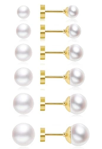 Dainty Flat Back Pearl Earrings for Women, 6 Pairs Flatback Pearl Earrings in 14K Gold Silver 3-8MM Studs Earring Sets for Multiple Piercing Hypoallergenic - Image 1
