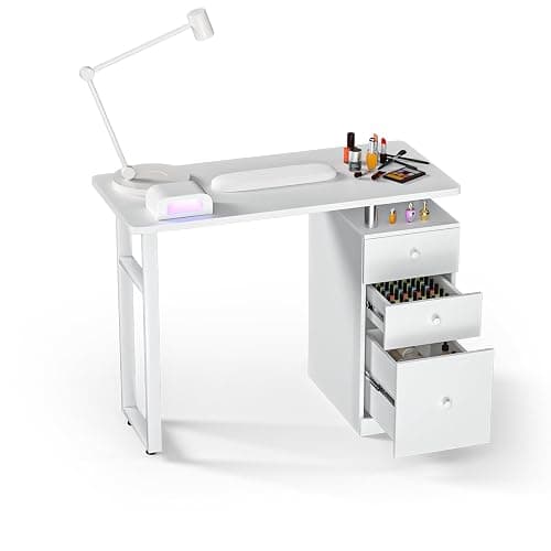 Charmmade Nail Desk, White Manicure Table with Wrist Cushion | Beauty Salon Nail Desk, Acetone Resistant Nail Station, Storage Drawers & Cabinets, for Beauty, Salon, Spa Makeup (03White) - Image 1