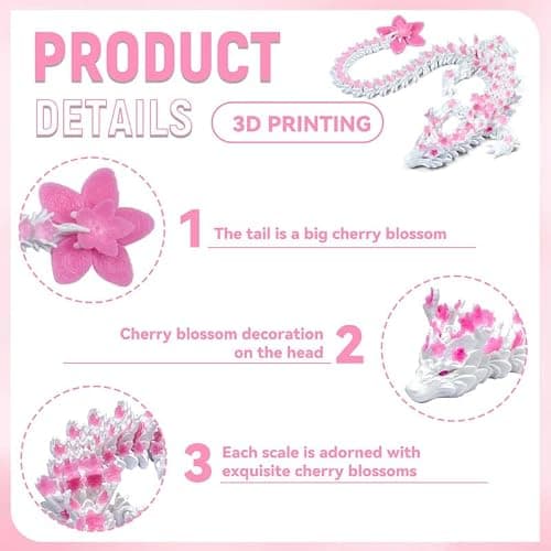 SGYYSG 3D Printed Cherry Blossom Crystal Dragon, 12 Inch Articulated & Magical Movable Dragon Model - Perfect for Display, Collection, and Unique Gift (Pink White) thumbnail 2