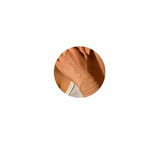 Gold Bracelets for Women, 14k Gold Plated Hand Chain Bracelet, 2 Pcs Ring Bracelets for Women Trendy Dainty Cubic Zirconia Bracelet Ring Bracelet Hand Jewelry Adjustable 6.3'+2' thumbnail 9