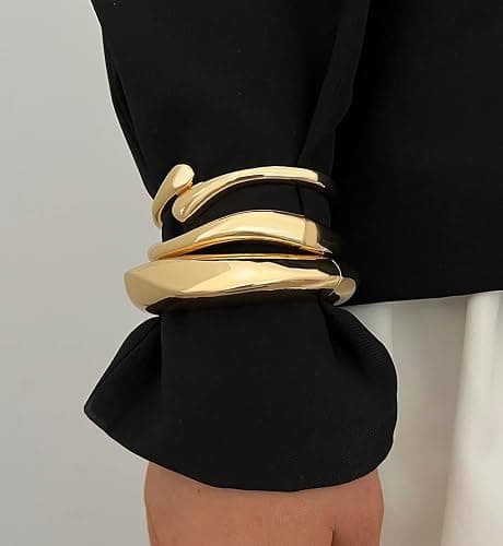 Chunky Gold Bangle Bracelets for Women, Dainty 14k Gold Plated Big Stackable Bangles Set, Trendy Statement Cuff Bracelet Stack Fashion Jewelry Christmas Gifts thumbnail 3
