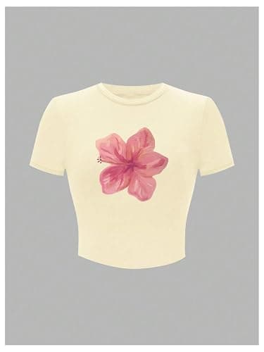 RoseSeek Floral Graphic Crop Tops for Girls Short Sleeve Slim fit Preppy Summer T Shirt Y2k Tops Trendy thumbnail 5