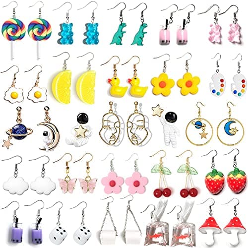 24 Pairs Weird Cute Earrings Drop Dangle Earrings for Women Planet Astronaut Moon and Stars Face Dinosaur Bear Lollipop Fish Strawberry Mushroom Flowers Egg and Many More - Image 1