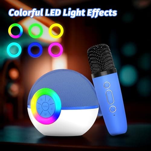 goopow Mini Karaoke Machine Speaker for Kids Adults, Portable Bluetooth Microphone Song Toys with LED Light, Best Chritmas Birthday Festival Gift for 3 4 5 6 7 8+ Year Old Girls Boys (Blue-2MIC) thumbnail 3