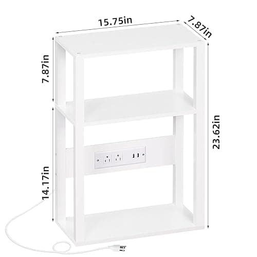 YUFAM 3-Tier Small Narrow Wood Side Table with Charging Station, Skinny Nightstand for Small Space, Slim Bedside Table with Storage for Couch, Thin End Table with USB Ports and Outlets, White - 1 Pack - White thumbnail 3