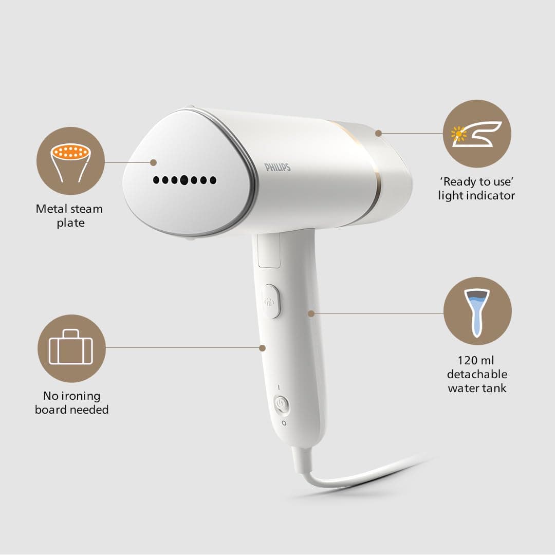 Philips 3000 Series Handheld Steamer - 1000W 20 g/min Steam, Detachable 120ml Water Tank, Heated Plate, White (STH3020/10) thumbnail 4