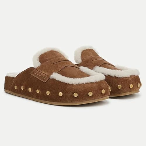 Fur Lined Clogs for Women Fuzzy Studded Slippers Comfortable Slip On Mules Closed Round Toe Fall Winter Casual Flat Shoes thumbnail 4