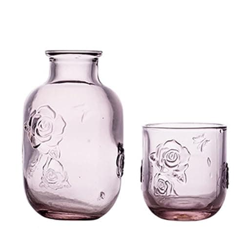 LCORMAG Pink Rose Flower Vintage Bedside Water Carafe and Glass Set, 15 oz Clear Glass Water Carafe with Tumbler for Bedroom Nightstand, Fruit Juice Milk Carafes, Mouthwash Decanter for Bathroom - Image 1