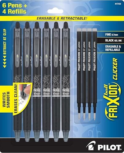 PILOT Frixion Erasable Pens, Fine Point 0.7mm Pack of 6 Black Retractable Ink Pens + 4 Bonus Refills - Image 1