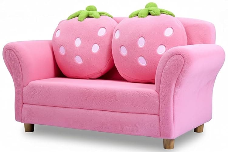 Costzon Kids Couch, Double Seat Pink Children's Sofa with 2 Strawberry Pillows, Toddler Armrest Chair for Bedroom, Living Room, Large Soft for Kids Loveseat Toy for Baby Girls Preschool Gifts Presents - Image 1