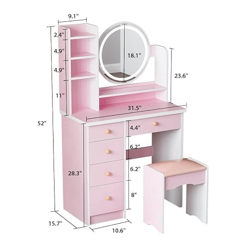 AIEGLE Lighted Makeup Vanity Set - 3 Color LED Mirror, Drawers & Cushioned Stool, Pink Round Mirror - Pink - Round Mirror thumbnail 7