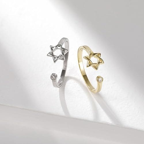 YILUOCD Star of David Zircon Ring for Women, Simple Magen David Wiccan Amulet, Hexagram Adjustable Rings Jewish Jewelry thumbnail 2