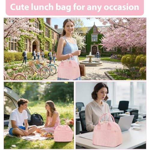 CetyVoyie Insulated Lunch Bag for Women, Reusable Lunch Box Cute Corduroy Lunch Tote Large Capacity Cooler Bags for Work Picnic(PP Pink) thumbnail 3
