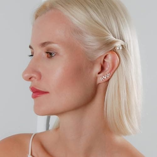 14K Gold or 925 Sterling Silver Plated Ear Crawler Earrings for Women - Crystal Leaf Ear Climber Earrings - Hypoallergenic, Safe for Sensitive Ears thumbnail 2