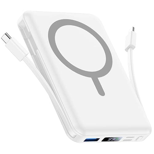 Vexnara Batterie Externe iPhone Magnétique, Compatible avec MagSafe 10000mAh sans Fil Power Bank Charge Rapide avec 2 Câbles Intégrés Affichage LED Compatible iPhone 17/16/15/14/13/Pro/Pro Max-Blanc - Image 1