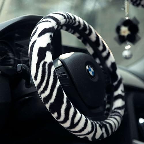 Follicomfy Fluffy Zebra Plush Steering Wheel Cover for Women/Girls/Ladies, Soft Fur Steering Cover for Winter Warm, Universal 15 inch, Black White - Image 1