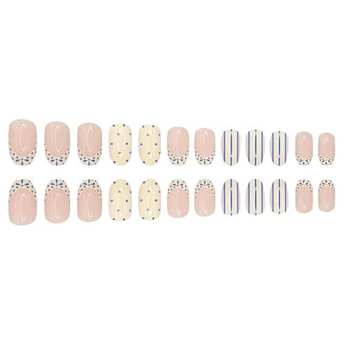 White French Tip Press on Nails Short Almond Fake Nails witn Blue Polka Dot Stripe Design Spring Summer False Nails Press ons Glossy Full Cover Glue on Nails for Women Girls Manicure Decorations thumbnail 5