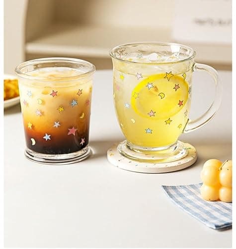 yaocoral 2 Pack 12 OZ Cute Glass Cup Star Drinking Glasses for Iced Coffee | Thick Sturdy/Clear Crystal/French style/Fresh Unique Pretty/Juice Tea Milk Latte Colorful Glassware Drinkware/Stackable thumbnail 7