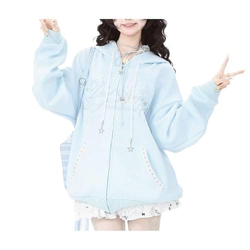 Xojbzoo Y2K Kawaii Bow Lace Trim Zip Hoodie Oversized | Lace trim hood & pockets, adjustable drawstring bows, coquette aesthetic, black blue pink colors, soft cotton blend - Image 1