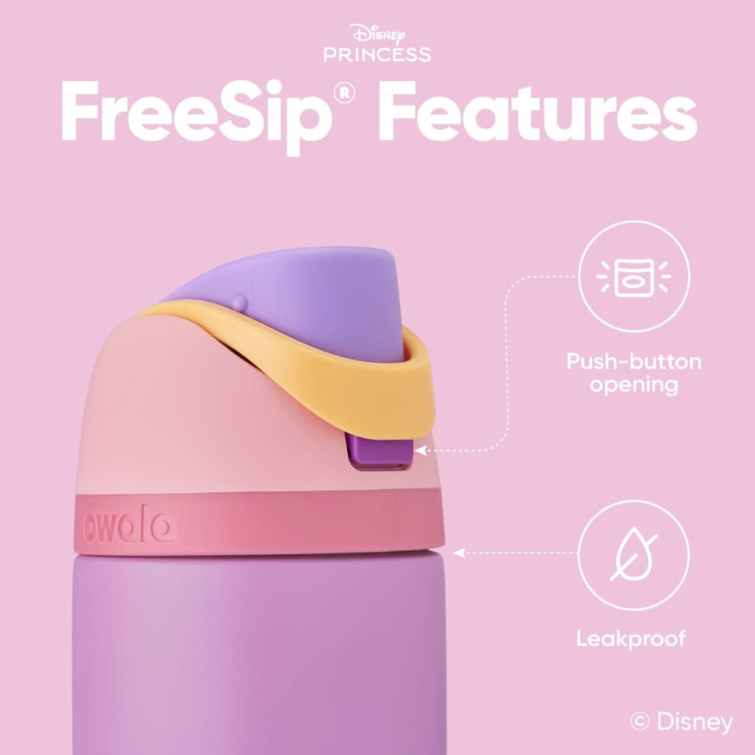 Owala FreeSip - Botella de agua de acero inoxidable con aislamiento y popote, de princesas Disney, para deportes y viajes, botella de agua deportiva sin bisfenol A, 710 ml, Rapunzel thumbnail 4