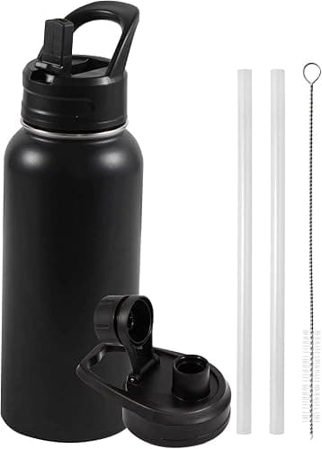 Insulated Water Bottle, 32oz Vacuum Stainless Steel Metal Sports Water Bottles with Stickers, Straw & Spout Lid (2 Lids), Double Walled to Keeps Hot and Cold, Leak Proof, BPA-Free, 32oz (Black) - Image 1
