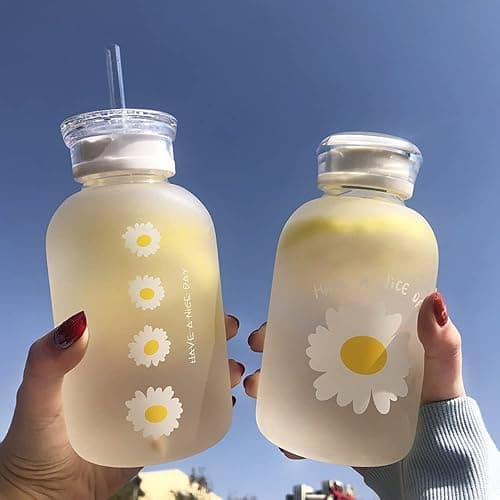 JZSMY 480ml Milk Juice Cute Water Bottle with Scale 2 Lids Little daisy Matte Portable Transparent Water Cup Glass Bottles Creative Handy Cup (1Pcs Six Flowers) thumbnail 5