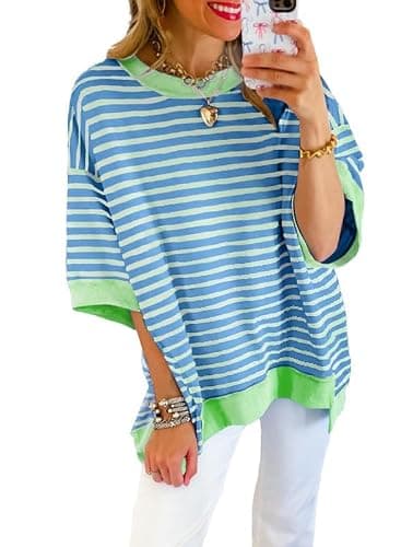 SHEWIN Womens Tops Casual Short Sleeve Sweatshirt Crewneck Striped Shirt Pullover T Shirts Loose Blouses thumbnail 2