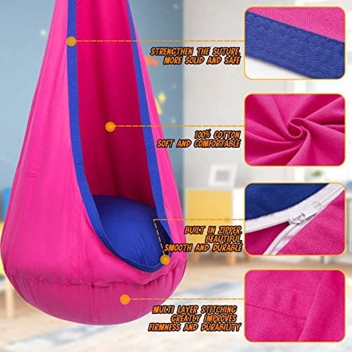 Y- STOP Kids Pod Swing Seat, Hanging Hammock Chair Swing with Inflatable Pillow, Sensory Swing Chair with Pocket for Outdoor and Indoor (Pink and Blue) thumbnail 4