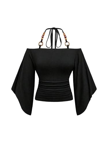 Verdusa Women's Beaded Cinched Waist Top Off The Shoulder Flare Sleeve Ruched Fitted Going Out Halter Tops - Image 1