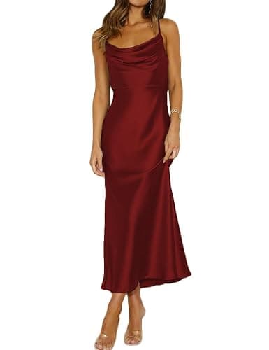 Summer Satin Spaghetti Strap Cowl Neck Backless Midi Dresses for Women Elegant Tie Low Back Ruched Cocktail Dress - Image 1