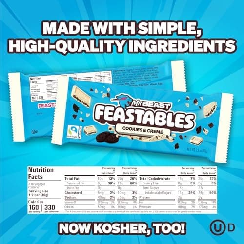 MrBeast Feastables Cookies & Creme Chocolate Bar, King Size, 10 Count | Fairtrade cocoa candy bars, ships cold, clean ingredients, no additives, sharable, party snacks, desserts, gifts, Halloween thumbnail 2