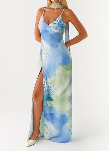 Women Summer Floral Maxi Dress Sexy Backless Bodycon Long Dresses with Scarf Formal Cocktail Tube Sundress thumbnail 2