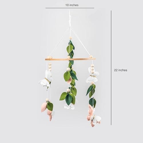 Butterfly Mobile for Crib - A Beautiful Butterfly Handmade Crib Mobile with Green Leaves, Pink, White and Gold Detail for a Nature or Wildflower Theme Nursery thumbnail 3