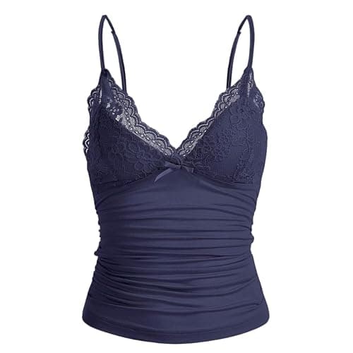 Naileksi Women Y2k Lace Trim Cami Top Spaghetti Strap Fairy Grunge Tank Top V Neck Ruched Bow Lace Patchwork Cami Shirt - Image 1