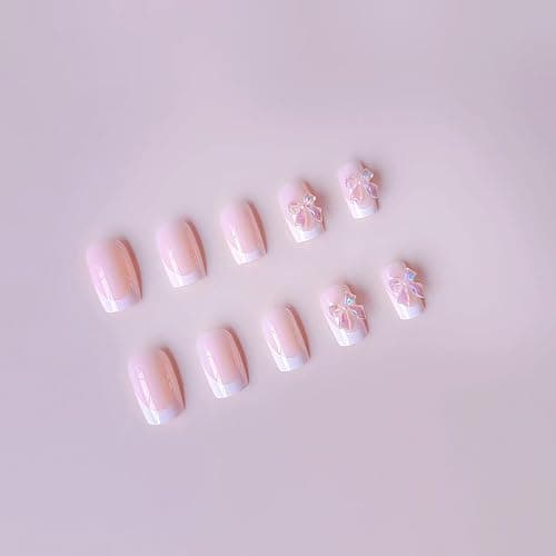 3D Bow Fake Nails - 24PCS Crystal False Nails with Glue - Short Square Press on nails - French Tip Stick on Nails - French Manicure Acrylic Nail Tips for Women Holiday & Daily Long Lasting Wearing thumbnail 3