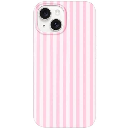 Anuck for iPhone 15 Case Cute Striped Phone Case Girly Aesthetic Vertical Stripe Pattern Design for Women Girls, Soft TPU Shockproof Rubber Bumper Protective Cover for iPhone 15 6.1" - Pink White - Image 1