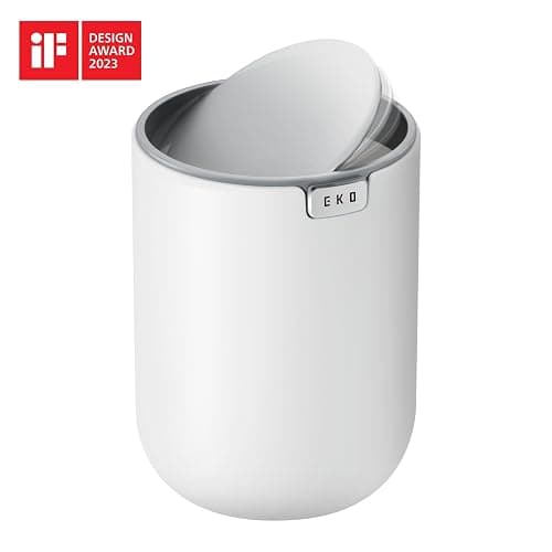 EKO Mini Desk Trash Can with Swing-Top Lid 0.4 Gallon Small Table Round Wastebasket for Office, Home, Car (White) thumbnail 2