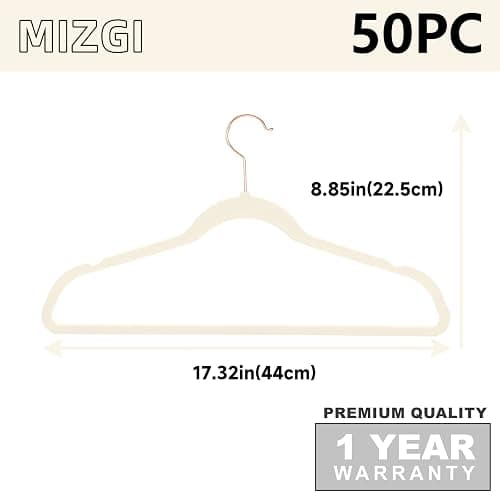 MIZGI Premium Velvet Hangers (50 Pack) Heavy Duty - Non Slip Felt Hangers - Velvet Suit Hanger Ivory - Rose Gold Hooks,Space Saving Clothes Hanger thumbnail 2