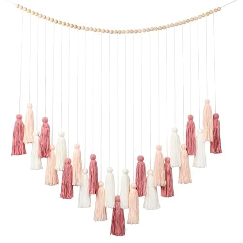 DrCor Blush Pink Boho Macrame Wall Hanging – Handmade Rose Gold Tassel Decor for Nursery, Dorm, Baby Shower, Wedding & Cozy Fall Home or Classroom Display - Image 1