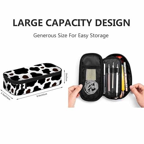 Yekiua Cow Pencil Holder Brown Black White Spotted Skin Fur Big Capacity Pencil Case Multi-Purpose Makeup Pouch For Office College Adult thumbnail 3