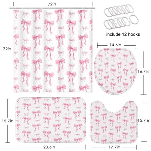 Arttown Pink Bows Bathroom Set with Shower Curtain and Rugs and Accessories, Aesthetic Polka Dot Watercolor Girly Shower Curtains, Modern Bathroom Decor 4 Pcs thumbnail 2