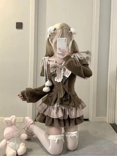 Xojbzoo Women's Y2K Kawaii 2-Piece Set - Long Sleeve Bow Top & Mini Skirt Retro Emo Aesthetic Separable Outfit thumbnail 4
