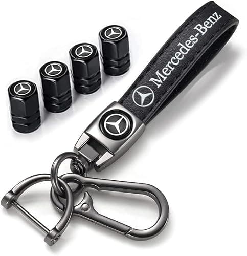 Car Keychain with Mercedes Benz CESM CLK GLK GL AB GLS GLE AMG Series 4PCS Tire Valve Caps, Key Ring and Valve Stem Caps for Auto, Black - Image 1
