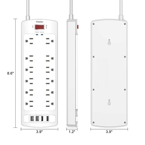 6 Ft Extension Cord Power Strip, Teiobar Surge Protector with 12 AC Outlets and 4 USB Ports for Home, Office, Dorm Essentials, 2700 Joules, ETL Listed, White thumbnail 7