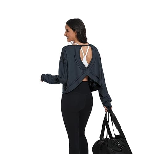 denking Women Open Back Workout Tops 100% Cotton Long Sleeve Shirts Yoga Athletic Gym Pilates Crop Cute Summer Oversize Tees thumbnail 2