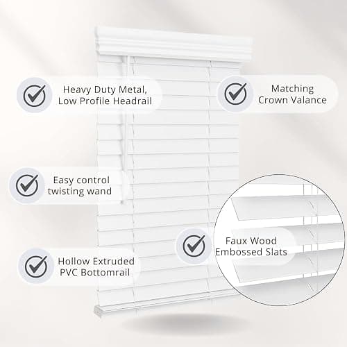 Lotus & Windoware Cordless, 2 Inch Faux Wood Blind, 34.5" Wide x 60" Long, Window Blinds, Blinds & Shades, Blinds for Indoor Windows, Embossed, Bright White thumbnail 4